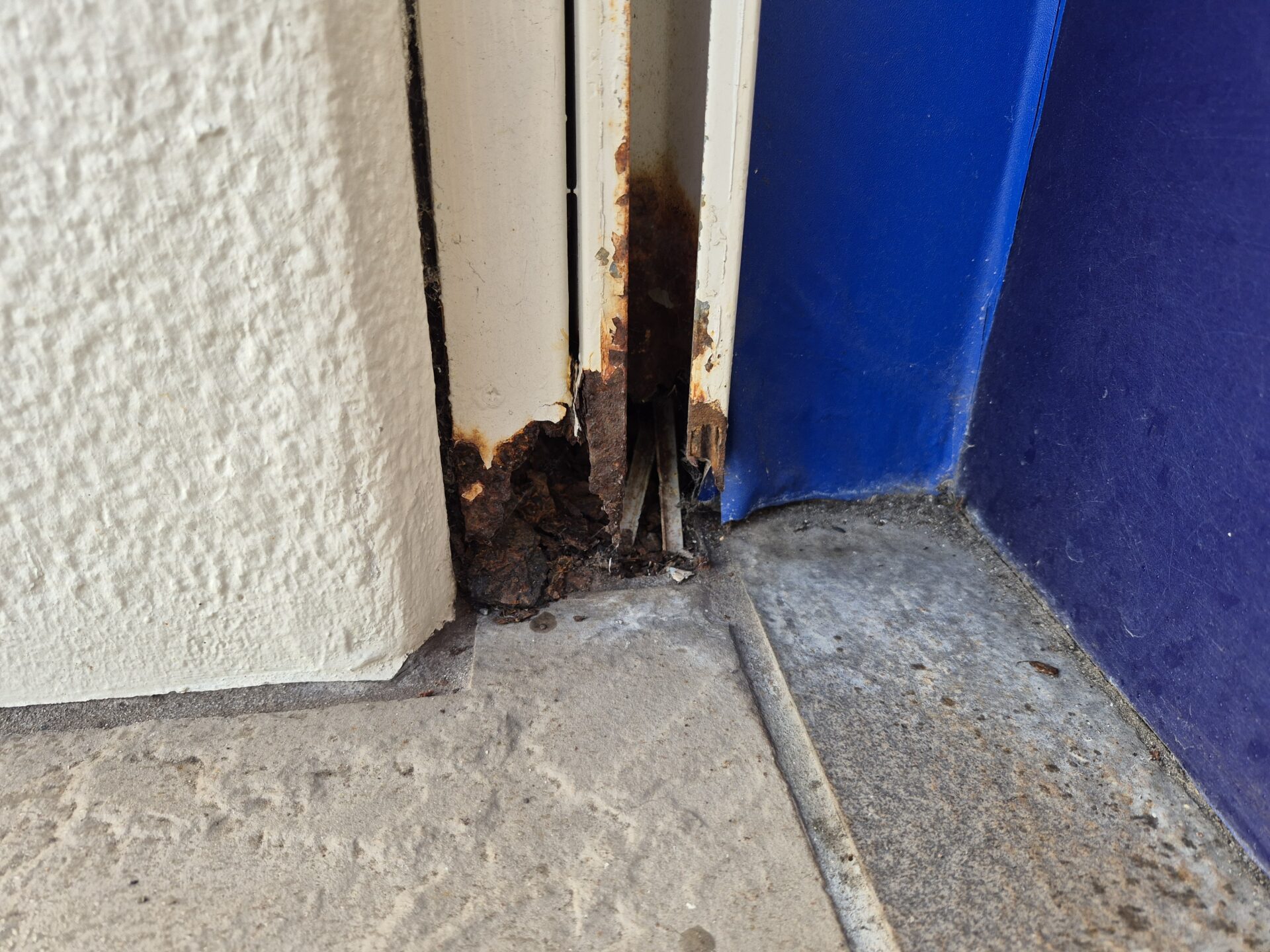 もはや塗装屋の領域ではないシャッターレール復元作業の下見とサビのかき出し。午後からは来年の現場にて足場屋さんの現地調査に同行して参りました。